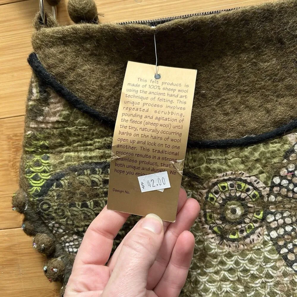 Rising Tide Wool Felted Shoulder Bag Purse Olive Green Artsy Handmade Zipper